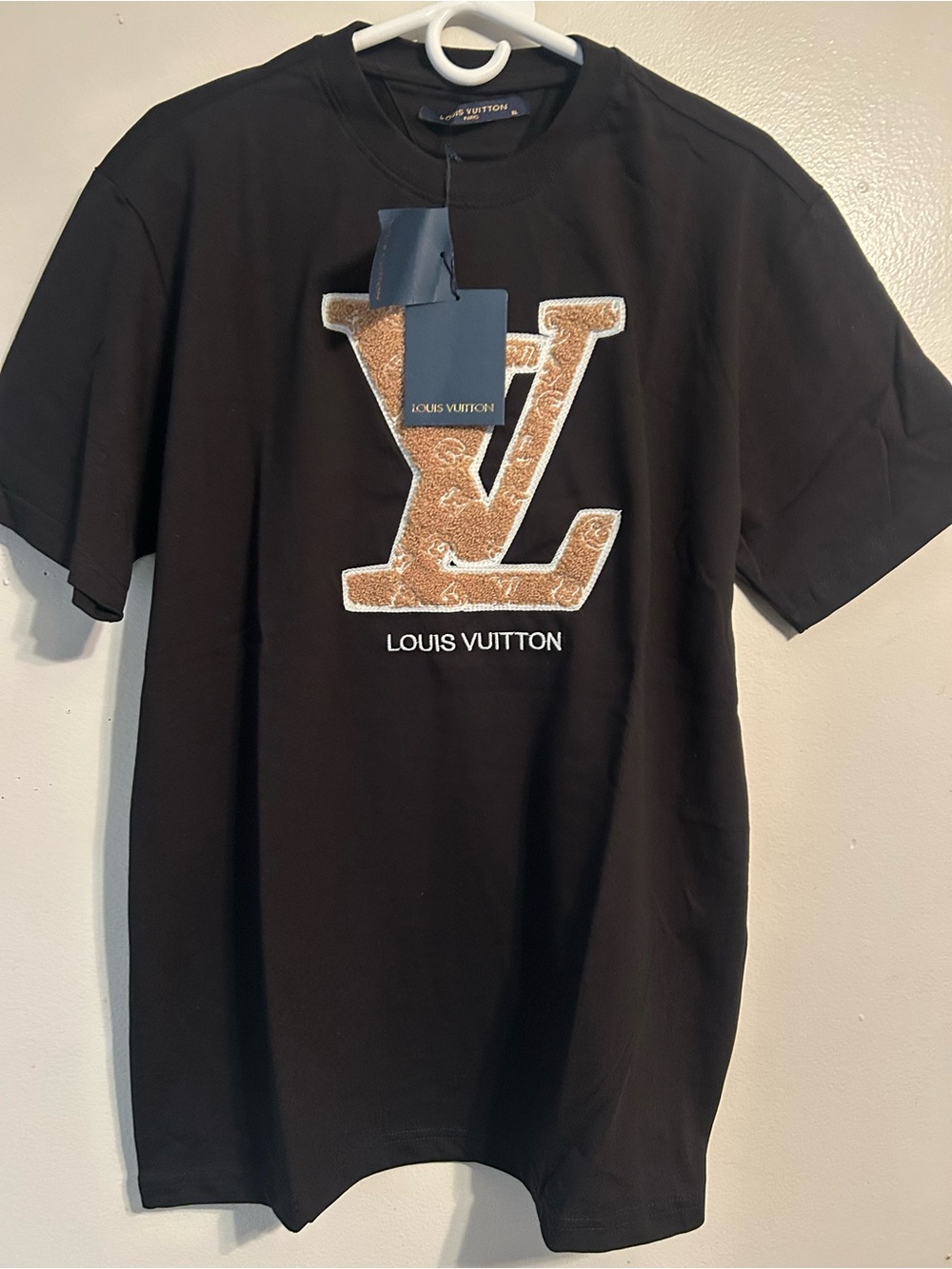 Louis Vuitton Black Short Sleeve Tee with Tan Plush LV Patch